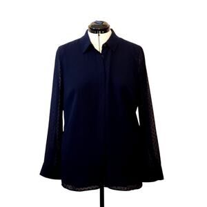 Talbots Blue Swiss Dot Blouse Sheer Long Sleeve Button Front | Size XL